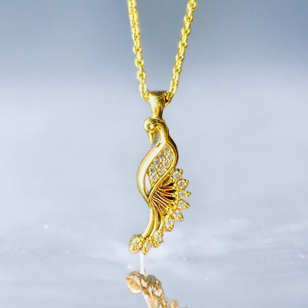 14k Gold Plated Diamond Peacock Necklace, Peacock Pendant Jewelry,Diamond Accent Peacock Charm, Peacock Jewelry, Dainty Diamond Peacock
