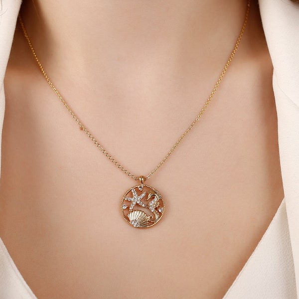 14K Gold Plated Seahorse Necklace, Seashell Necklace, Diamond Oyster Necklace, Beach Jewelry, Scollop Necklace,Mermaid Necklace, Seastar