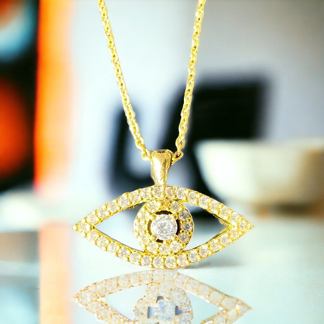 14k Gold Plated Diamond Eye Necklace, Good Luck Pendant, Guardian Eye Necklace, Protector