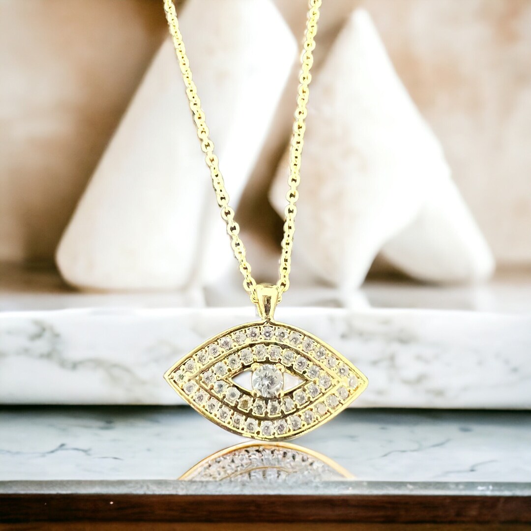 14k Gold Plated Diamond Eye Necklace, Good Luck Pendant, Guardian Eye Necklace, Protector