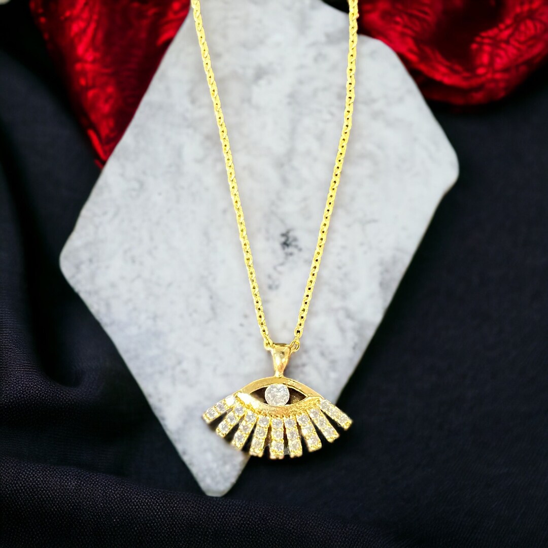 14k Gold Plated Diamond Eye Necklace, Good Luck Pendant, Guardian Eye Necklace, Protector