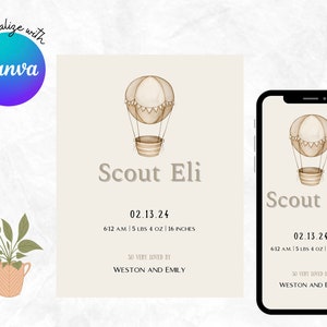 Junge Geburtsankündigungskarte, digitaler Download, anpassbar in Canva