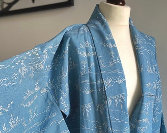 Vintage Japanese Kimono Robe Japanese Kimono Night Gown Oriental Dressing Gown Hitoe Kimono Wool Blue Gray Wabi Sabi Chic Antique Kimono