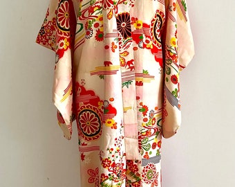 Japanese Antique Child Silk Kimono Furisode Robe Kimono Dressing Gown Silk Kimono Fashion One Of A Kind Duster Coat Kimono Wall Art