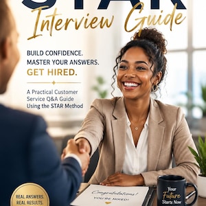 May include: A book cover titled The CSR STAR Interview Guide by Charles Ann Key. The cover features a smiling person in a beige blazer shaking hands, a black mug with the text Your Future Starts Now, and a document reading Congratulations! YOU'RE HIRED!
