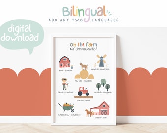 Bilingual On the farm Print - Educational print - Children's Wall Art - Playroom wall art - Printable wall art - Digital - Bilingual poster