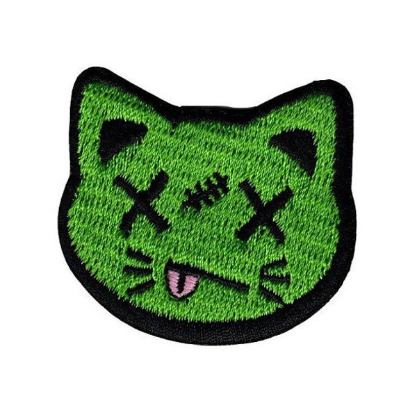 Small green dizzy cat head x eyes embroidered iron on sew on applique patch