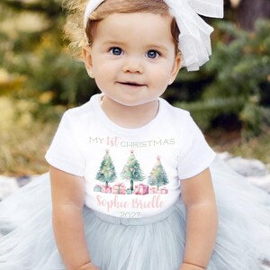 Girls First Christmas Baby Onesie ® or Toddler Tee, Pink Custom Personalized Holiday Coming Home Outfit, Xmas Tree Name Shower Gift Shirt