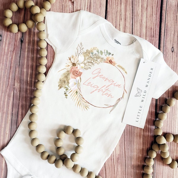 Boho Wildflower Personalized Onesie® or Shirt, Girls Custom Hoop Wreath Name Bodysuit, Cute Girl Baby Shower Gift, Pampas Take Home Outfit