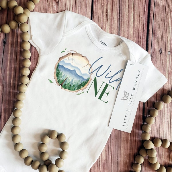 Wild One 1st Birthday Tshirt or Baby Onesie® Boys Mountains First Birthday Outfit, Boho Boy Mountain Wood Slice Bodysuit, Unisex Onesie Tee