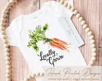 Locally Grown Carrot Baby Onesie ®, Farmers Market Shirt, Boho Hipster Newborn Outfit, Veggies Unisex Clothing, Farm Birthday Toddler Tee
