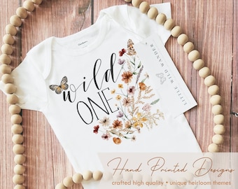 Wild One Onesie ® or Shirt, Girls Wildflower Birthday Party Tee, Flowers Name Newborn Outfit, Custom New Baby Floral Clothing