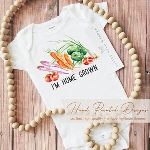 I&#39;m Home Grown Onesie ® or Shirt, Vegetable Baby Shower Gift, Coming Home Outfit, Farmer&#39;s Market Kids Birthday Tshirt, Baby Announcement