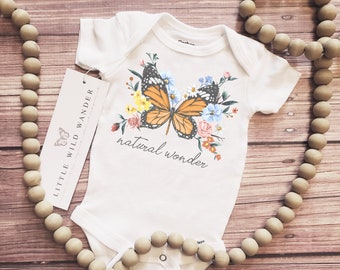 Natural Wonder Baby Onesie® Floral Monarch Butterfly Bodysuit, Girls Boho Shower Gift, Vintage Daisy Take Home Outfit, First Birthday Shirt