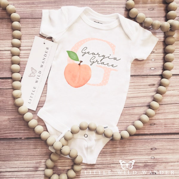 Peach Personalized Baby Onesie ® or Shirt, Girls Peaches Monogram T-shirt, Custom Name Letter First Birthday Shirt, Smash Cake Take Home Tee