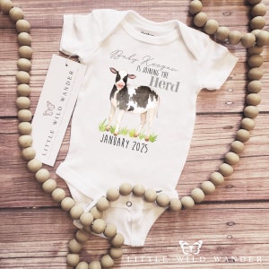 Joining The Herd Baby Onesie®, Cow Pregnancy Announcement Bodysuit, Personalized Due Date Reveal, New Daddy Gift, Farm Farmer Baby Shirt