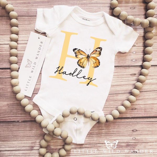 Girls Monarch Butterfly Personalized Onesie® or Shirt, Letter Bodysuit, Custom Name Birthday Tee, Monogram Shower Gift, Smash Cake Outfit