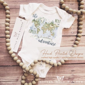 The Next Great Adventure Onesie ® or Shirt, World Map Newborn Outfit, New Baby Announcement Clothing, Travel First Birthday Party Tee