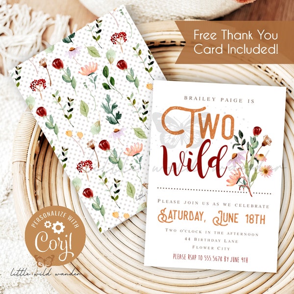 Two Wild Birthday Invitation, Girls Boho Wildflower Retro Vibe, 2nd Birthday Invite, Instant Download Second B-day, Editable Template