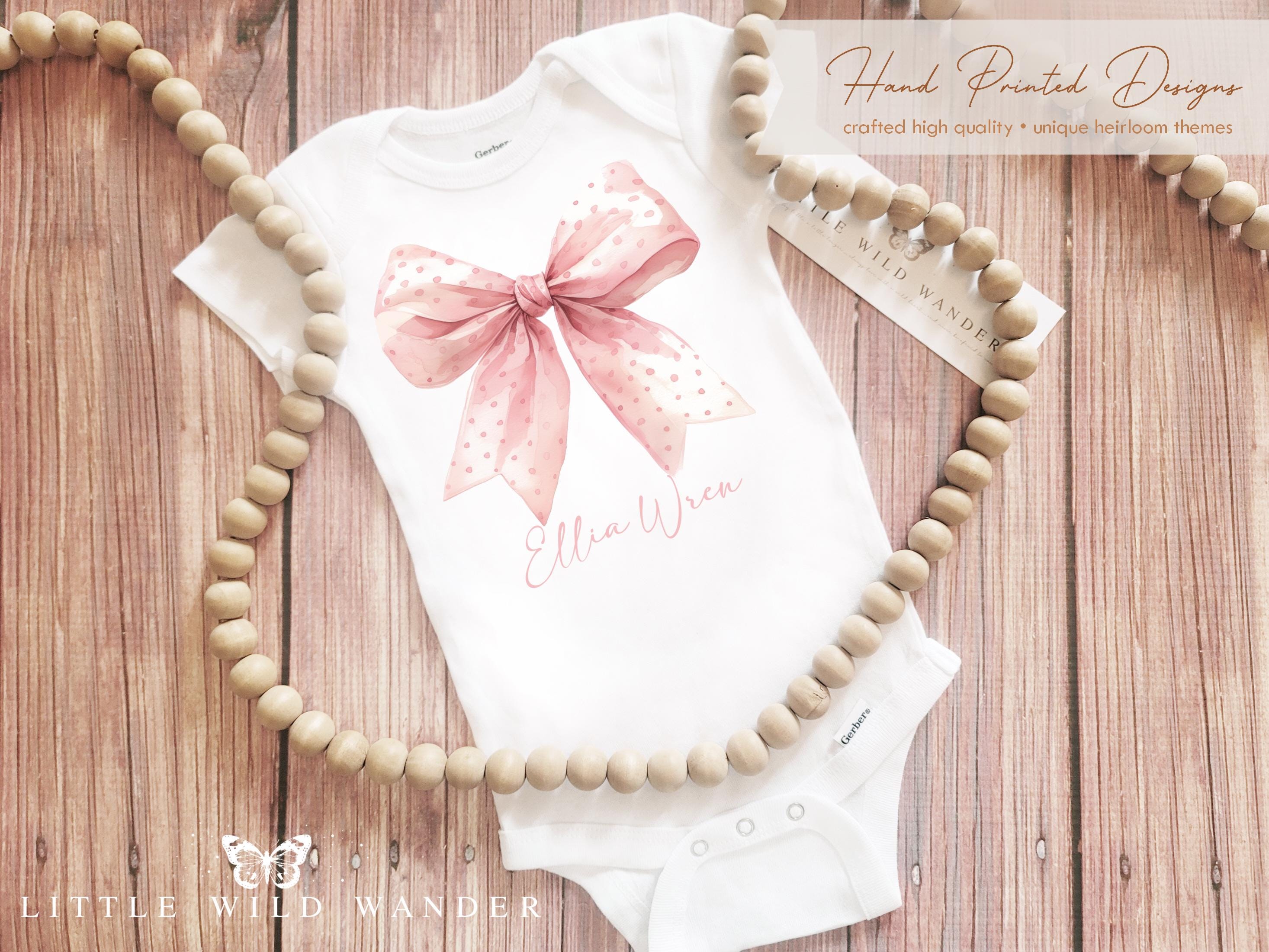 Pink Bow Personalized Bodysuit or Tee Shirt, New Baby Gift Announcement Onesie ® and Birthday Outfit