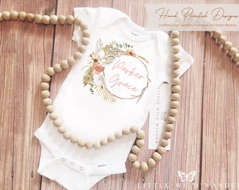 Boho Wildflower Personalized Onesie® or Shirt, Girls Custom Wreath Name Bodysuit, Cute First Birthday Party Gift, New Baby Take Home Outfit