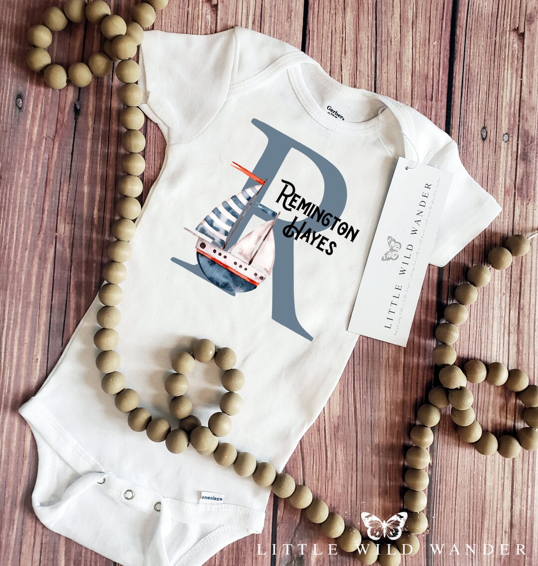 Sailboat Personalized Onesie®, Boys Sail Boat Monogram Bodysuit, Custom