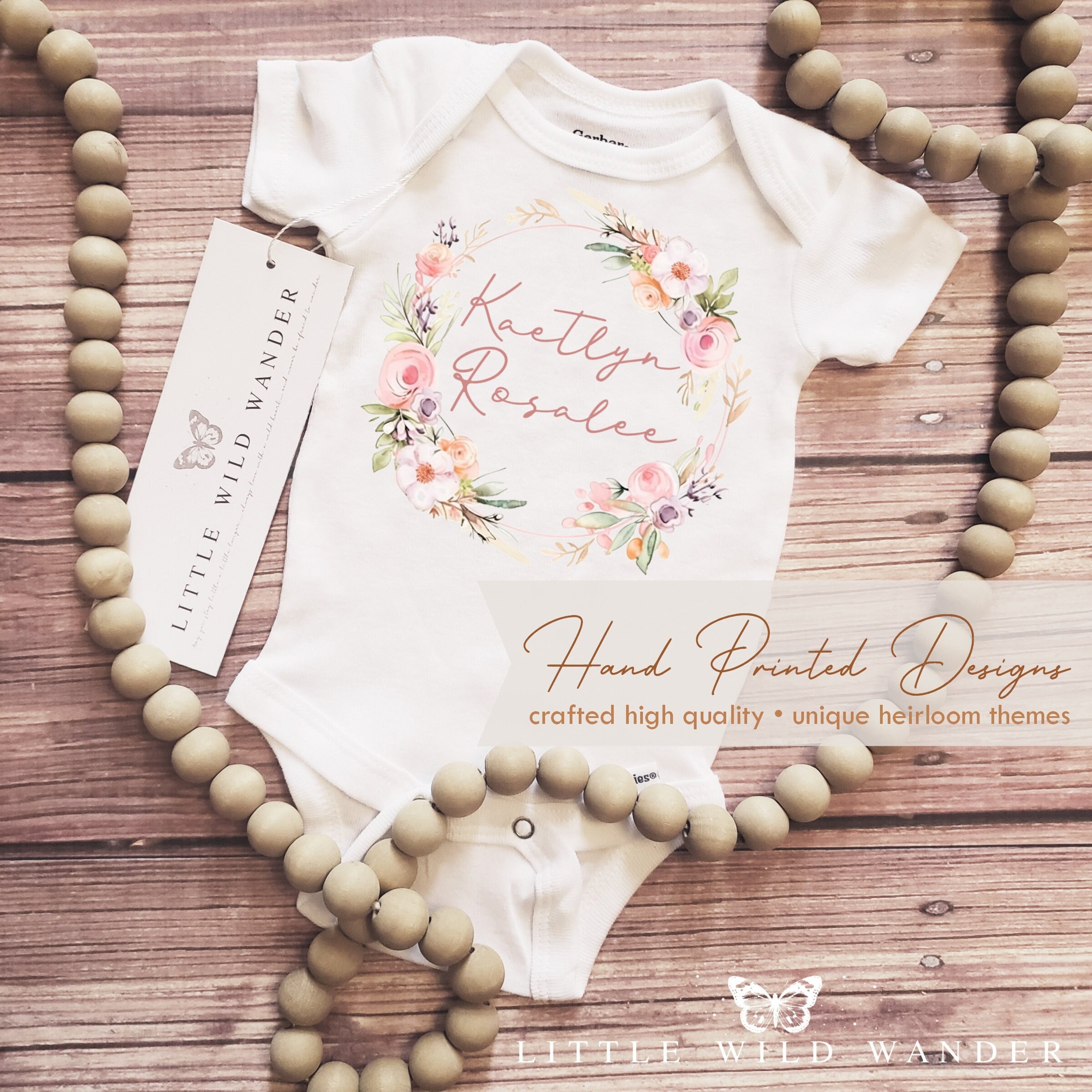 Wildflower Rose Wreath Personalized Baby Onesie® or Shirt, Girls Custom Floral, Name Take Home Outfit, Toddler First Birthday Tee T-shirt