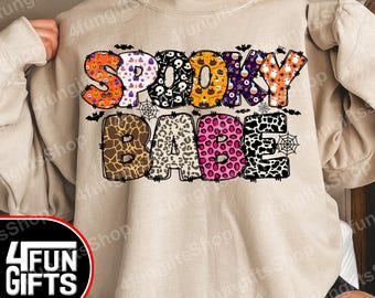 Spooky Babe Halloween PNG: Retro Witchy Bats Shirt Design (Digital Download)