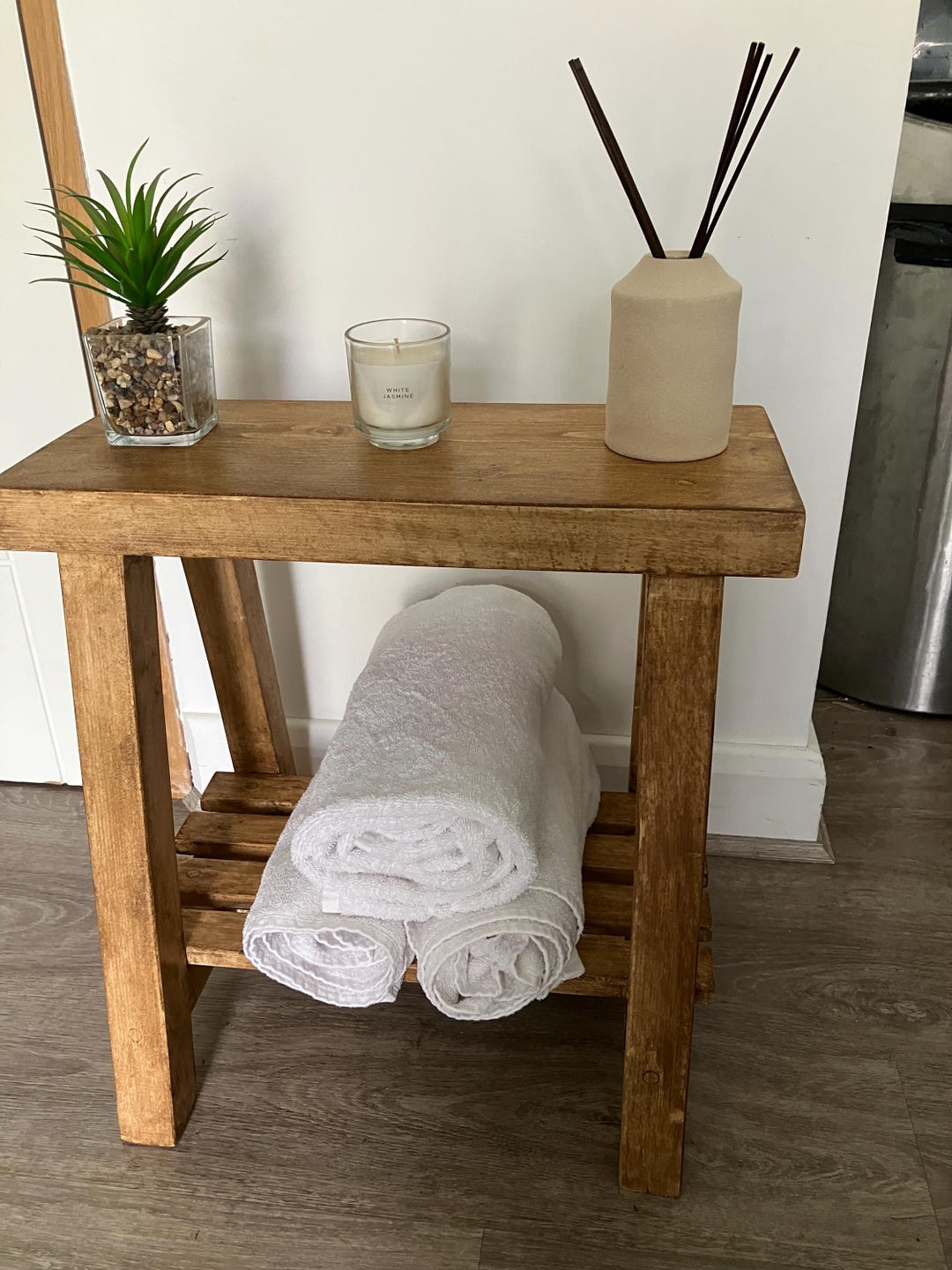 Rustic Wooden Display Stool With Slatted Shelf | Side Table - Etsy UK