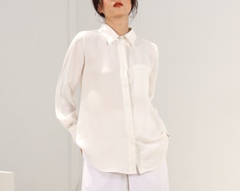 Zijden blouse met lange mouwen, wijd zijden damesshirt, zijden zomerblouse, cadeau voor haar