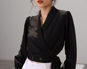 Waist tie silk blouse/ tie up crop shirt/ wrap top/ office shirt/ silk blouse for women/ crop shirt with long sleeve/ waist tie black blouse