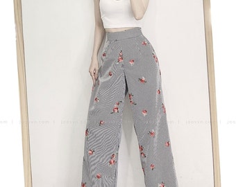 Women high waist striped embroidered trousers, embroidered high waist wide leg pant with pocket, high rise long trousers