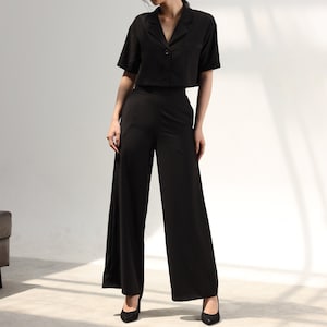 Blazer crop top with trousers/ silk blazer top and high rise wide leg pant/women office clothing set 2 pieces/cropped silk blazer and pant image 1