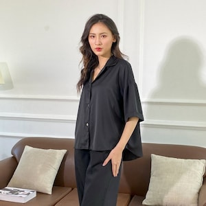 Silk blouse for women/ silk revere collar shirt/ silk short sleeve shirt/ White silk blouse/ black silk shirt/ loose blouse/ summer clothing