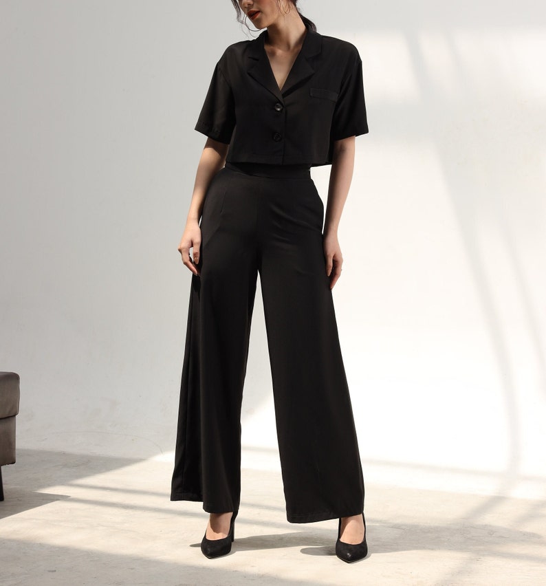 Blazer crop top with trousers/ silk blazer top and high rise wide leg pant/women office clothing set 2 pieces/cropped silk blazer and pant image 1