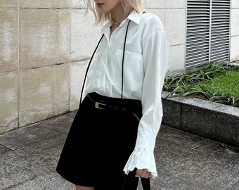 Oversized White blouse/ Boyfriend wide sleeve shirt/ pleated cuff loose blouse/ button oversized top