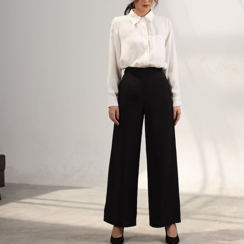 Women high waist silk trousers, high waist wide leg silk pant with pocket, high rise long silk trousers, Soft silk office wide leg pant image 9