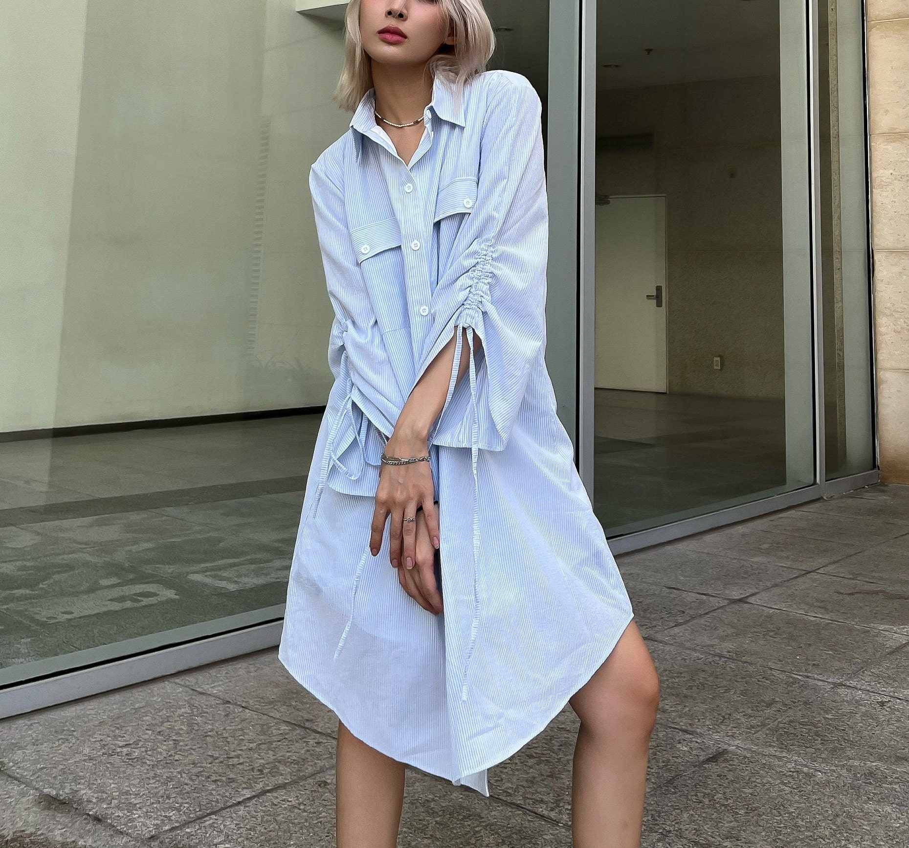 Striped Shirt Dress With Lining/ Drawstring Sleeve Striped - Etsy