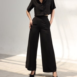 Blazer crop top with trousers/ silk blazer top and high rise wide leg pant/women office clothing set 2 pieces/cropped silk blazer and pant image 10