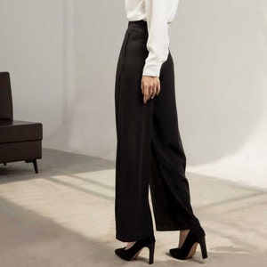 Women high waist silk trousers, high waist wide leg silk pant with pocket, high rise long silk trousers, Soft silk office wide leg pant image 4