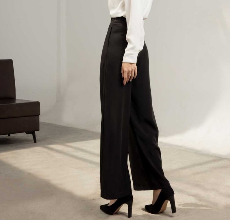 Women high waist silk trousers, high waist wide leg silk pant with pocket, high rise long silk trousers, Soft silk office wide leg pant image 4