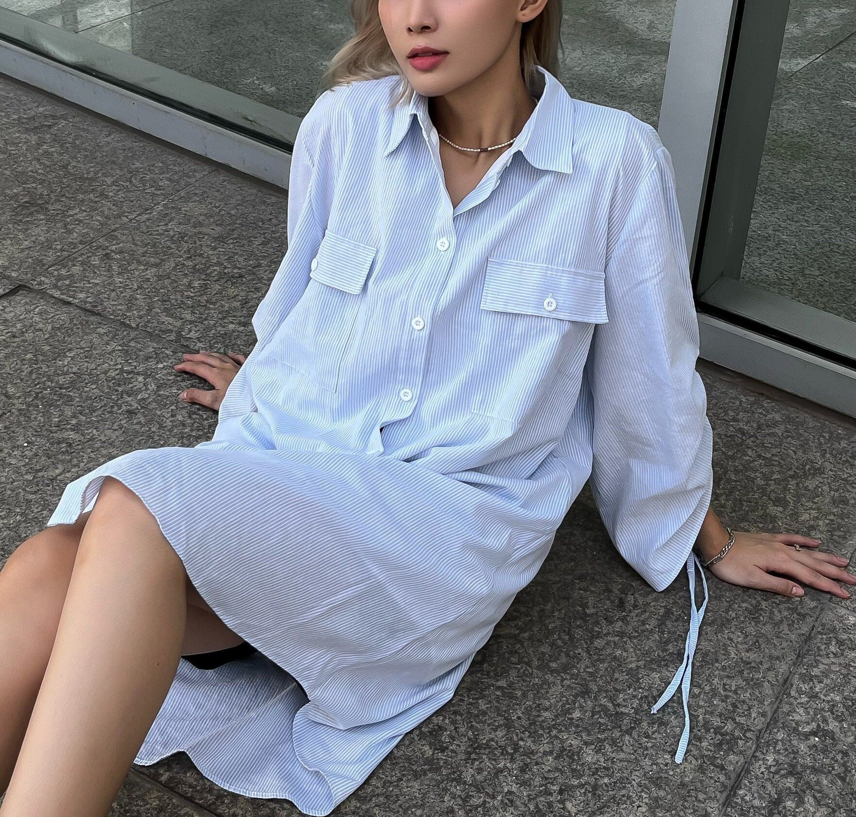 Striped Shirt Dress With Lining/ Drawstring Sleeve Striped - Etsy