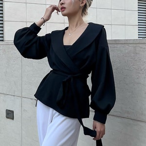 Long strings silk wrap top, long sleeves wrap shirt, collar wrap silk blouse, silk wrapped shirt with long sleeves