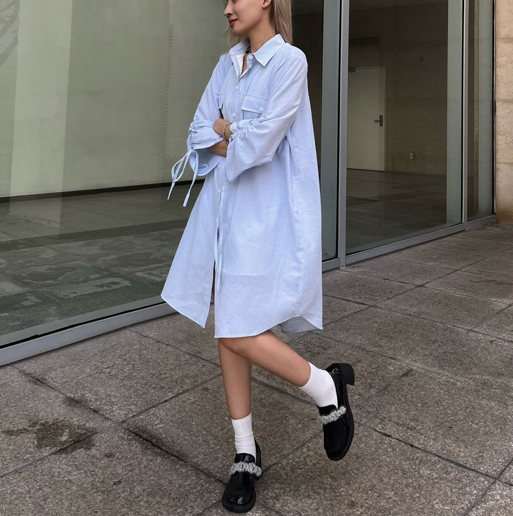 Striped Shirt Dress With Lining/ Drawstring Sleeve Striped - Etsy