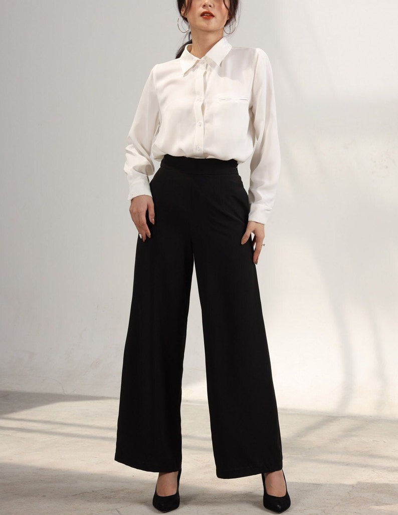 Women high waist silk trousers, high waist wide leg silk pant with pocket, high rise long silk trousers, Soft silk office wide leg pant image 2