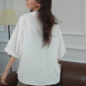 Silk blouse for women/ silk revere collar shirt/ silk short sleeve shirt/ White silk blouse/ black silk shirt/ loose blouse/ summer clothing image 7