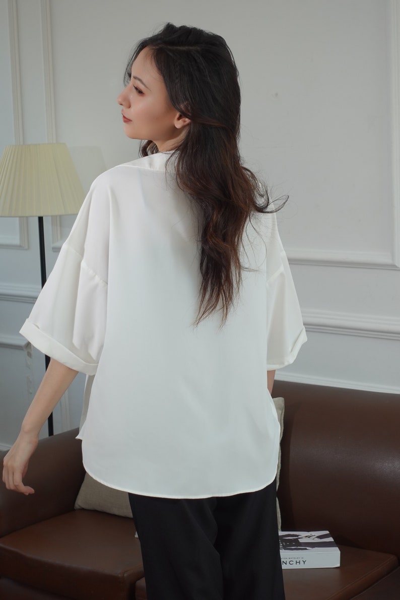 Silk blouse for women/ silk revere collar shirt/ silk short sleeve shirt/ White silk blouse/ black silk shirt/ loose blouse/ summer clothing image 7