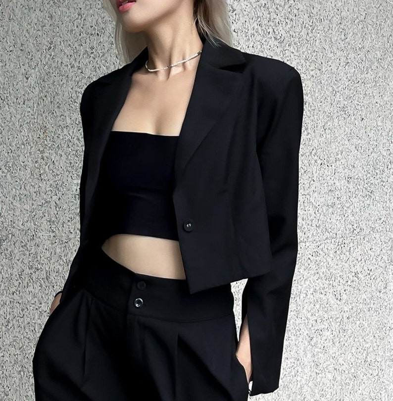 Cropped blazer/ Long sleeve blazer crop top/ long sleeve cropped blazer/sleeve slit blazer/ black cropped blazer/ summer blazer image 3