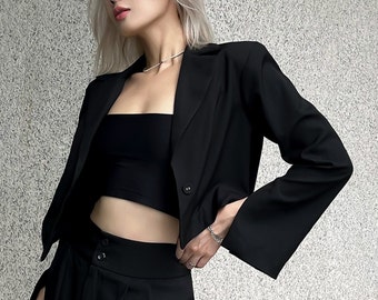 Kurzer Blazer / Langarm Blazer Crop Top / Langarm Kurzer Blazer / Ärmelschlitz Blazer schwarz / Sommerblazer