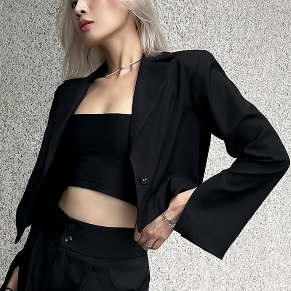 Blazer corto a maniche lunghe, giacca corta con spacco sulle maniche, giacca da completo minimalista a maniche lunghe, blazer elegante streetwear con maniche a intaglio